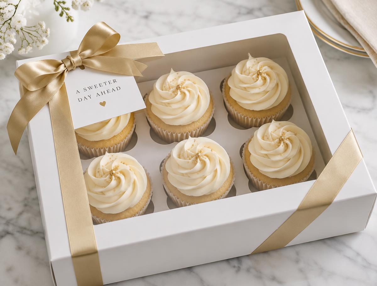 Box of six matching birthday cupcakes tied with a gold ribbon