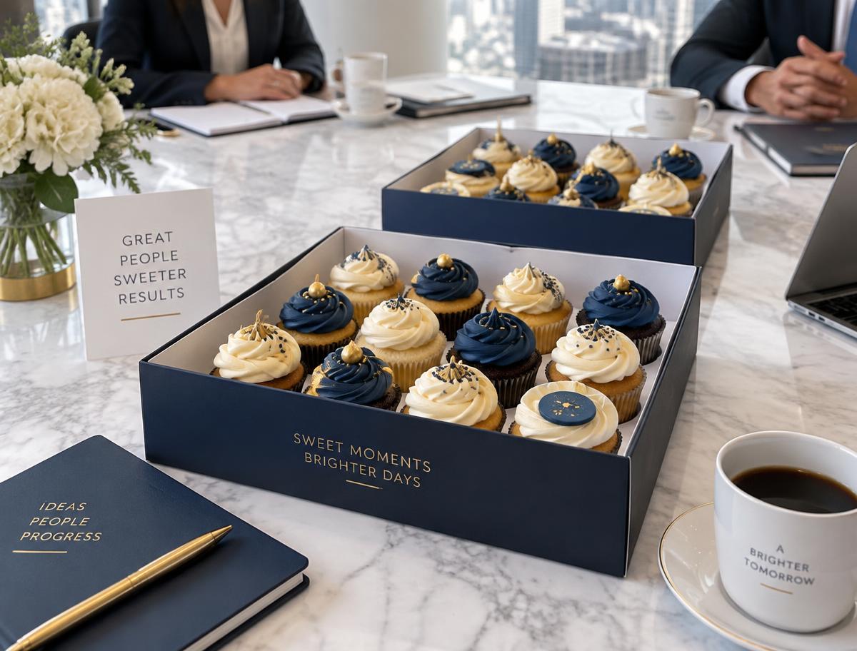 Boxes of navy and gold branded cupcakes on a corporate meeting table