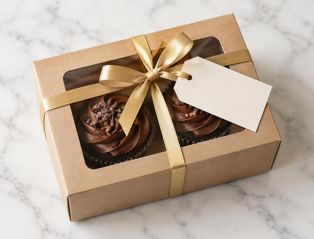 Small gift box of two chocolate cupcakes with a gold ribbon and gift tag